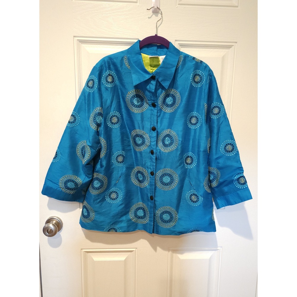 Bleu Bayou Silk Jacket XL Turquoise Blue Embroidered Circle Art to Wear NWT